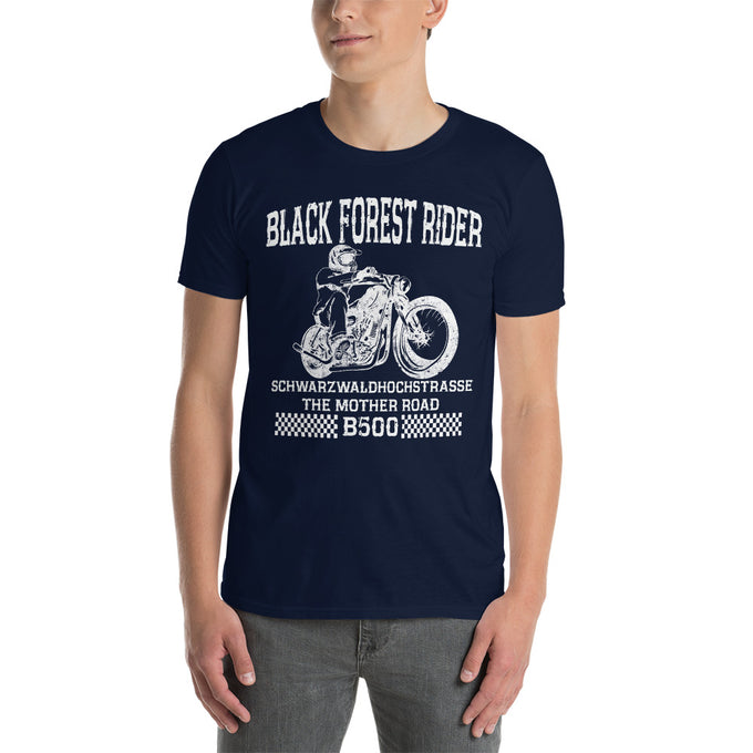 Biker Motorrad T-Shirt "Schwarzwaldhochstrasse B500 Black Forest Rider" Variante 7 – Marineblau – Vorderansicht