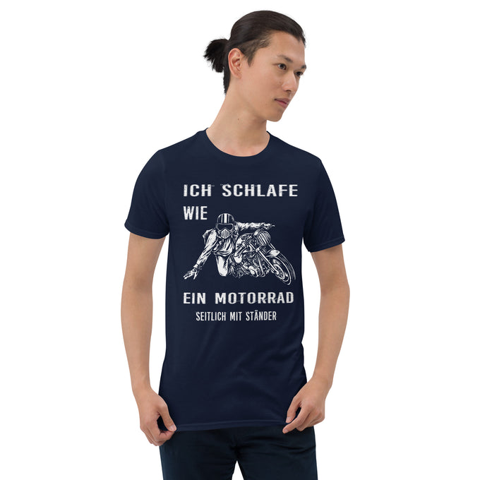 Biker T-Shirt " Ich schlafe wie ein Motorrad Seitlich mit Ständer" Variante 1 – Marineblau – Vorderansicht