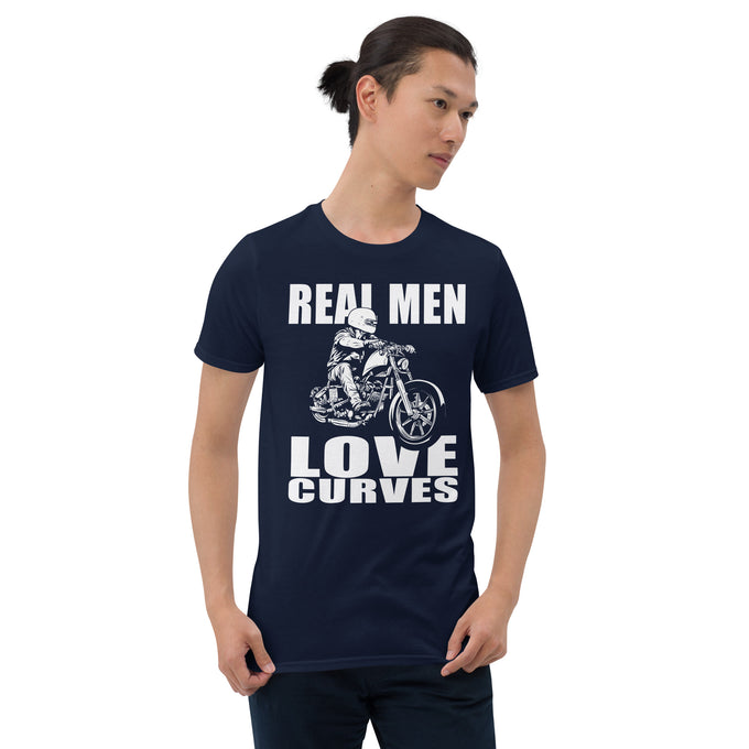 Biker Motorrad T-Shirt " Reel Men Love Curves" Variante 2 – Marineblau – Vorderansicht