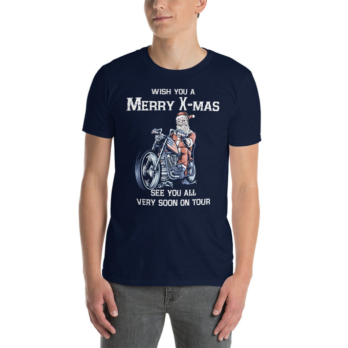 Herren T-Shirt " Merry X-Mas and a heavy new year see you all very soon on tour" – Marineblau – Vorderansicht