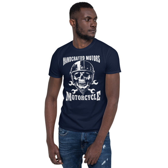 Biker Motorrad T-Shirt "HANDCRAFTED MOTORCYCLES" Variante 1 – Marineblau – Vorderansicht