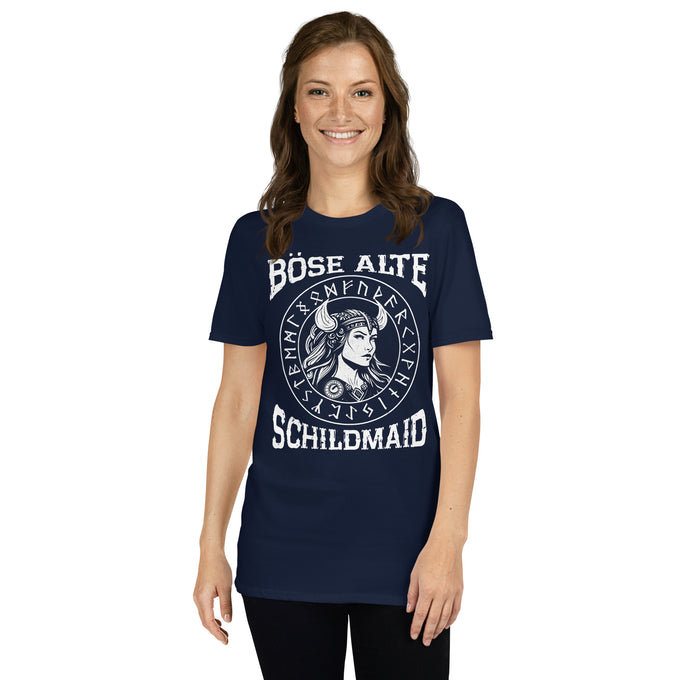 Damen T-Shirt und Hoodies Wikinger " Böse Alte Schildmaid" Variante 5 – Marineblau – Vorderansicht