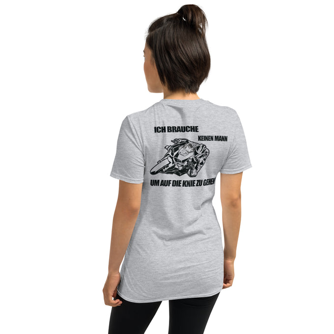 Damen T-Shirt "Ich brauche keinen Mann um auf die Knie zu gehen Cooler Biker Girl Spruch" Rückendruck – Sportgrau – Rückansicht