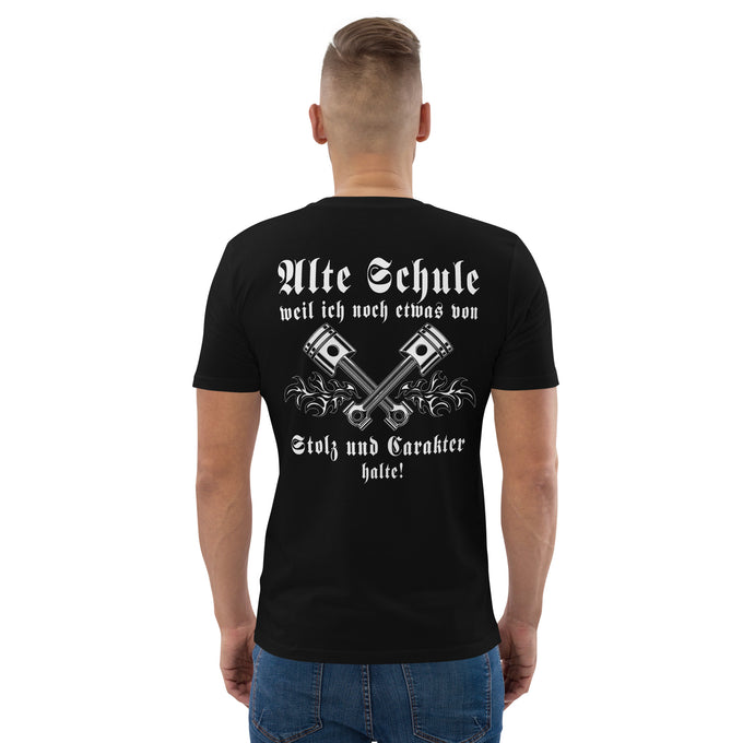 Biker Motorrad T-Shirts " Alte Schule weil ich noch etwas von Stolz und Carakter halte! " – Schwarz – Rückansicht