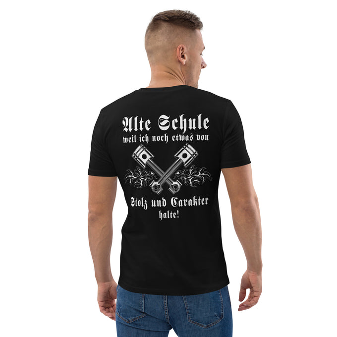 Biker Motorrad T-Shirts " Alte Schule weil ich noch etwas von Stolz und Carakter halte! " – Schwarz – Rückansicht
