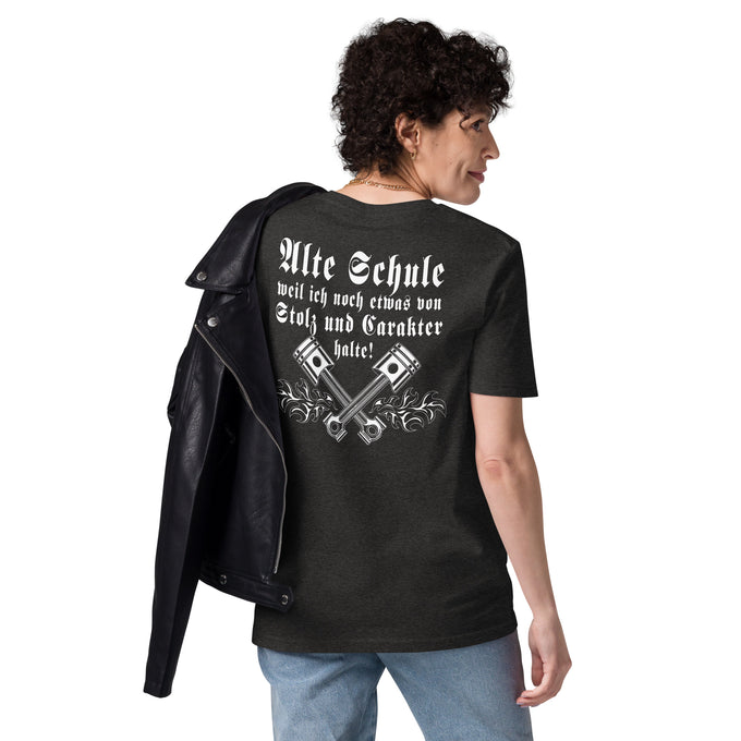 Biker Unisex T-Shirt " Alte Schule weil ich noch etwas von Stolz und Carakter halte! " Variante 2 – Dunkelgrau meliert – Rückansicht