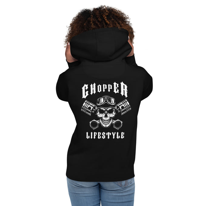 Biker - Premium Unisex Hoodie "Chopper LIFESTYLE" Variante 7 – Schwarz – Rückansicht