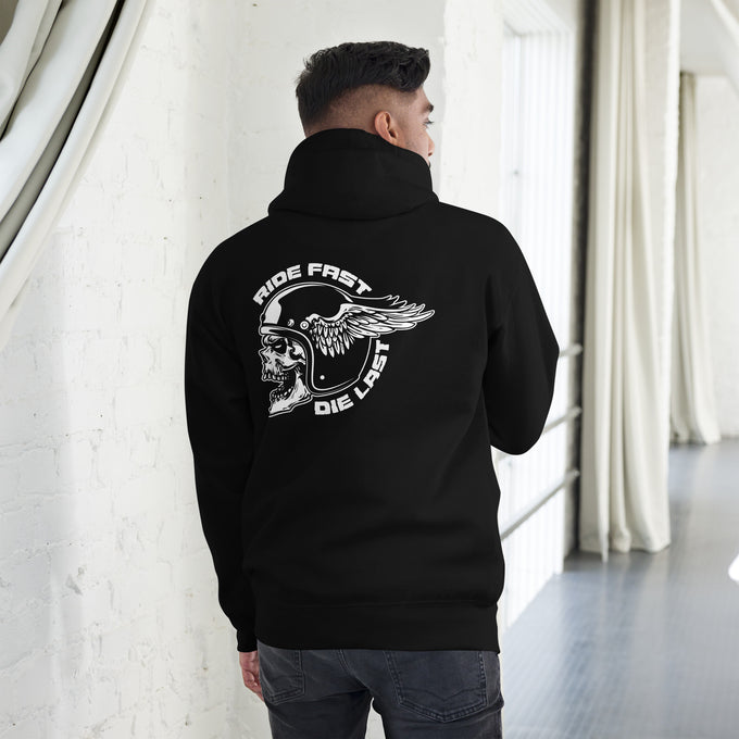 Biker - Premium Unisex Hoodie "RIDE FAST DIE LAST Skull with wings helmet " – Schwarz – Rückansicht