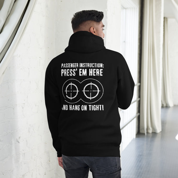 Biker - Premium Unisex Hoodie " Passenger Instruction Press Em Here And Hang On Tight " Variante 1 – Schwarz – Rückansicht