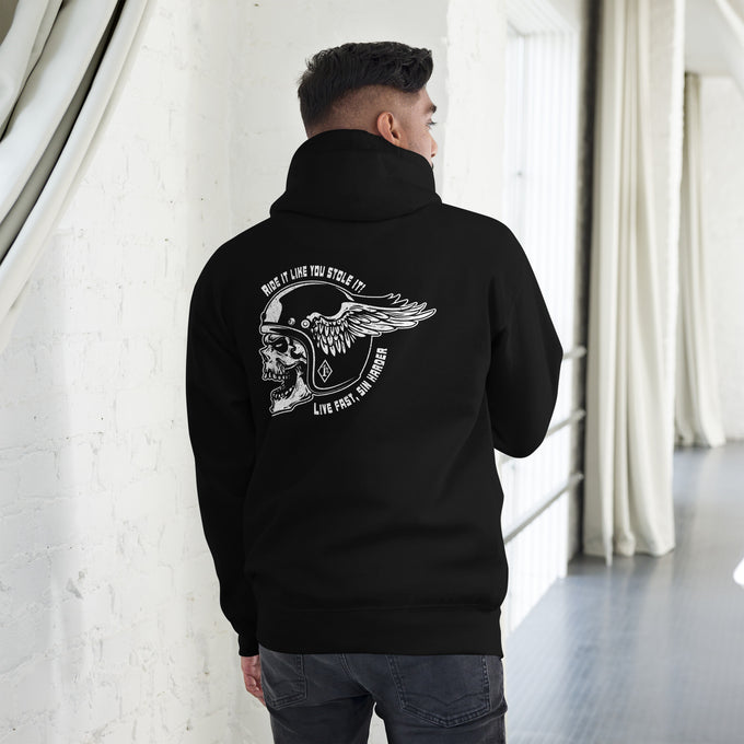 Biker - Premium Unisex Hoodie "Ride it like you stole it! Live fast, sin harder" Rückendruck Variante 1 – Schwarz – Rückansicht