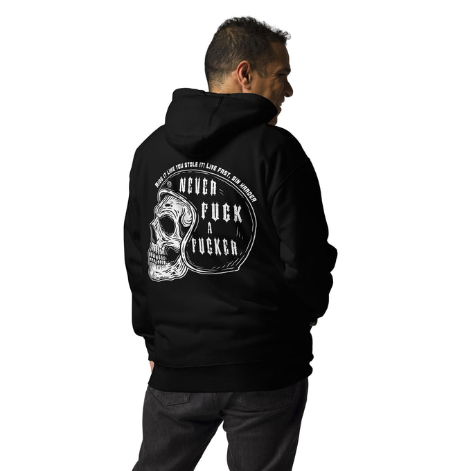 Biker - Premium Unisex Hoodie "Never Fck a Fcker" Variante 1 – Schwarz – Rückansicht