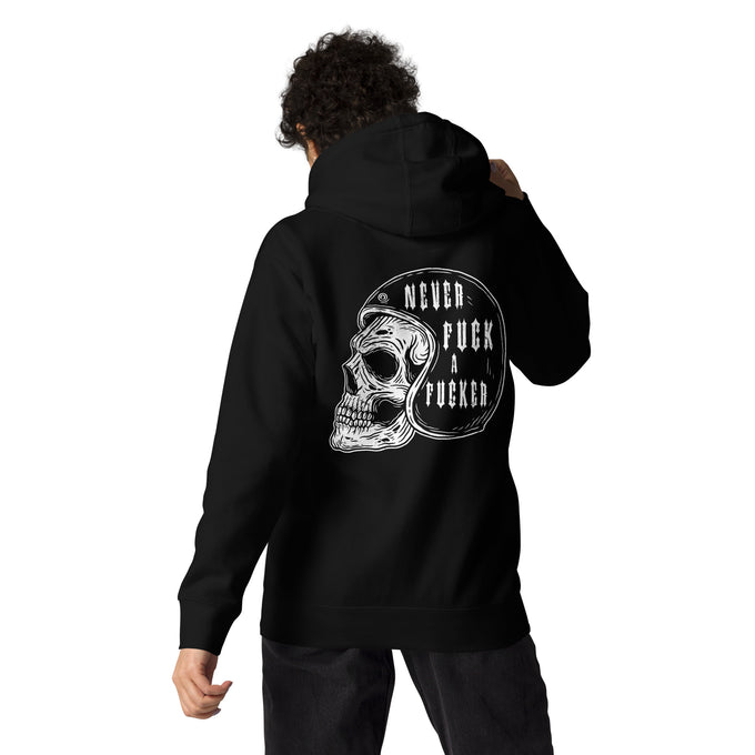 Biker - Premium Unisex Hoodie "Never Fck a Fcker" Variante 2 – Schwarz – Rückansicht