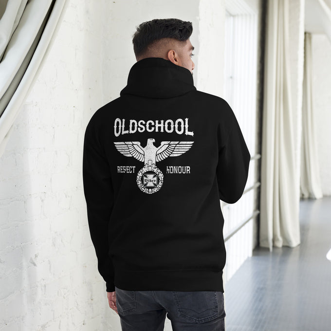 Biker - Premium Unisex Hoodie "Oldschool Backprint" Variante 6 – Schwarz – Rückansicht