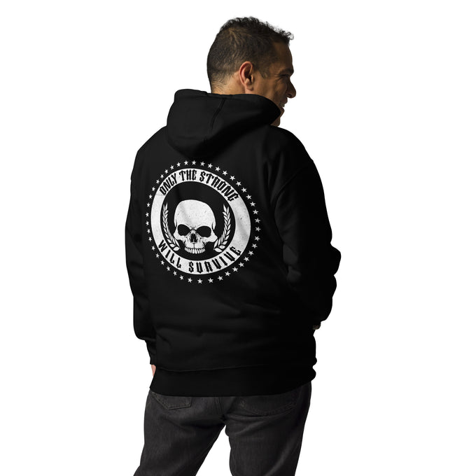Biker - Premium Unisex Hoodie "ONLY THE STROG WILL SURVIVE" Rückendruck – Schwarz – Rückansicht
