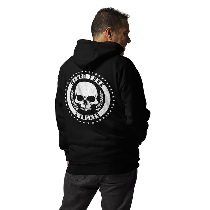 Biker - Premium Unisex Hoodie "Never Fck a Fcker" Variante 3 – Schwarz – Rückansicht