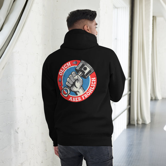 Biker - Premium Unisex Hoodie " Ölich aber fröhlich" variante 2 – Schwarz – Rückansicht