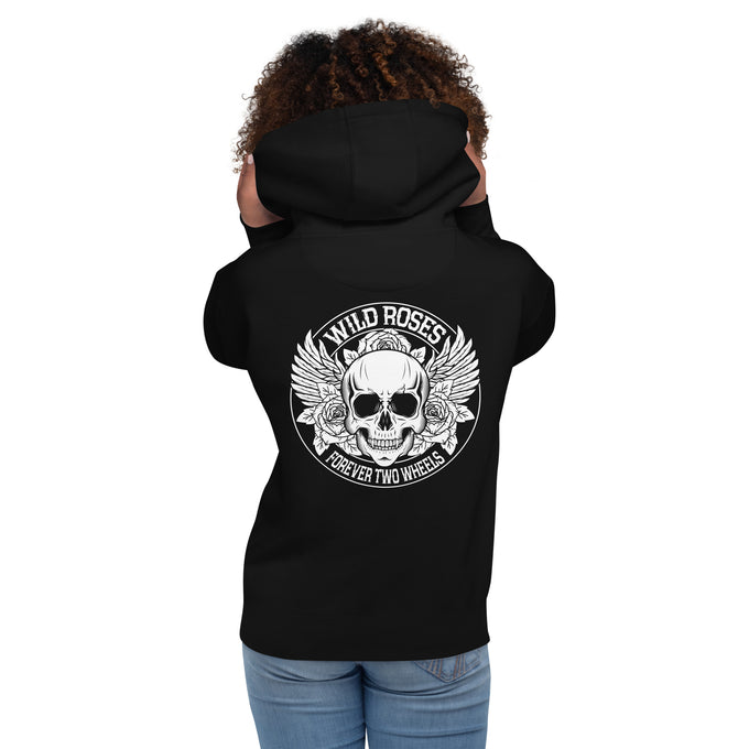 Biker - Premium Unisex Hoodie " Wild Roses Forever Two Wheels " Damen – Schwarz – Rückansicht