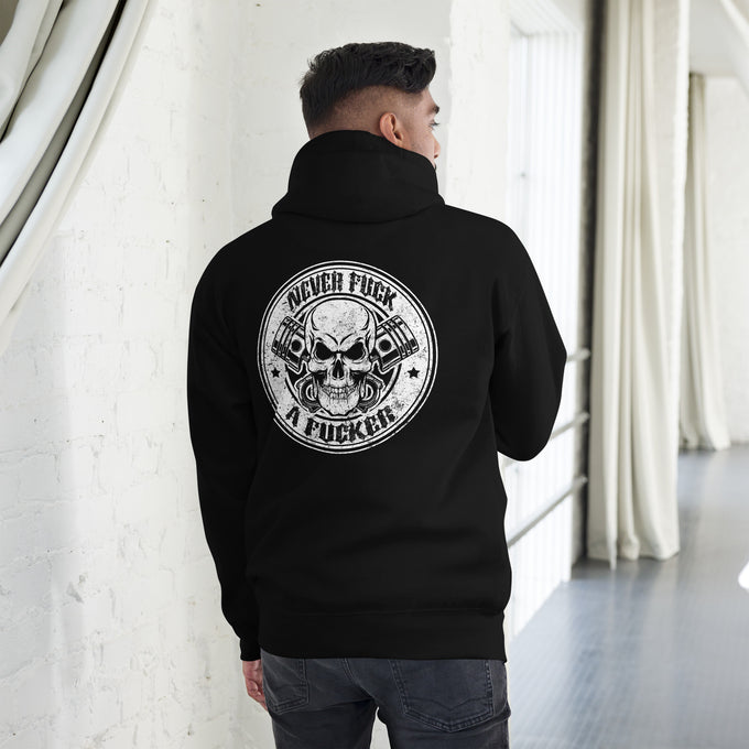 Biker - Premium Unisex Hoodie " Never Fck a Fcker" Variante4 – Schwarz – Rückansicht