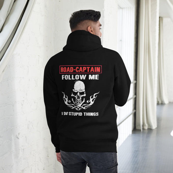 Biker - Premium Unisex Hoodie " Don't Follow Me I Do Stupid Things" Variante 1 – Schwarz – Rückansicht