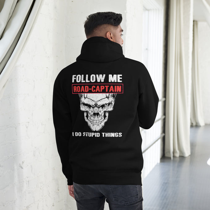 Biker - Premium Unisex Hoodie " Don't Follow Me I Do Stupid Things" Variante 2 – Schwarz – Rückansicht