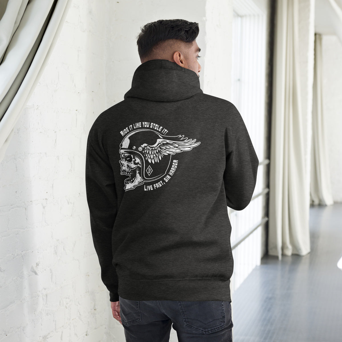 Biker - Premium Unisex Hoodie  "Ride it like you stole it! Live fast, sin harder" Rückendruck Variante 1