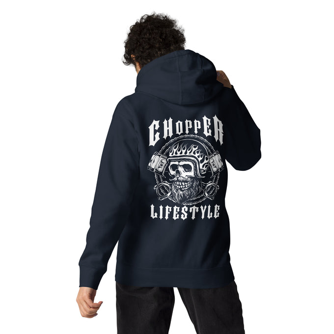 Biker - Premium Unisex Hoodie "Chopper LIFESTYLE" Variante 1 – Marineblau – Rückansicht