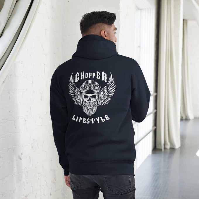 Biker - Premium Unisex Hoodie "Chopper LIFESTYLE" Variante 2 – Marineblau – Rückansicht