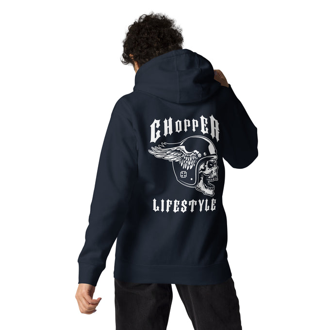 Biker - Premium Unisex Hoodie "Chopper LIFESTYLE" Variante 5 – Marineblau – Rückansicht