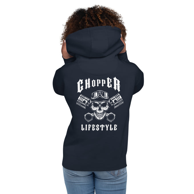 Biker - Premium Unisex Hoodie "Chopper LIFESTYLE" Variante 7 – Marineblau – Rückansicht