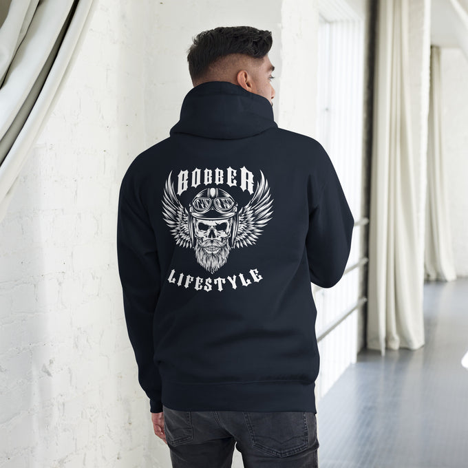 Biker - Premium Unisex Hoodie "Bobber LIFESTYLE" Variante 1 – Marineblau – Rückansicht