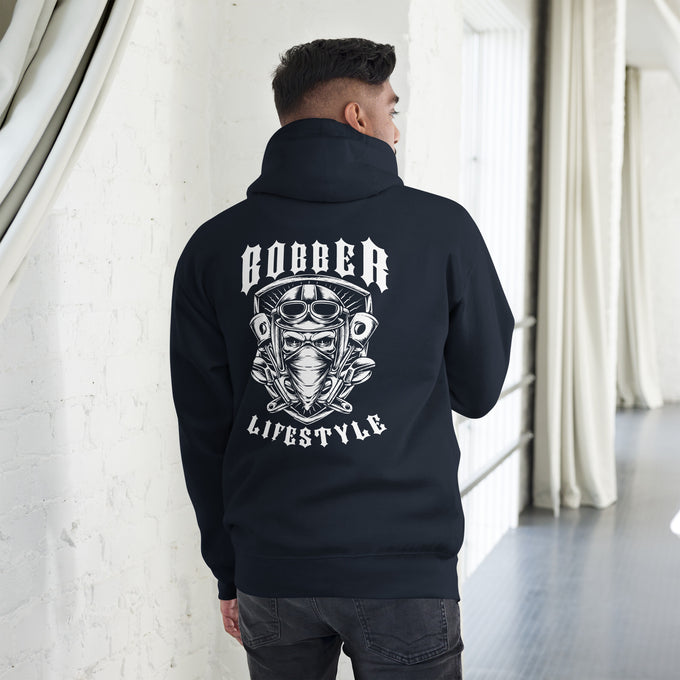Biker - Premium Unisex Hoodie "Bobber LIFESTYLE" Variante 2 – Marineblau – Rückansicht