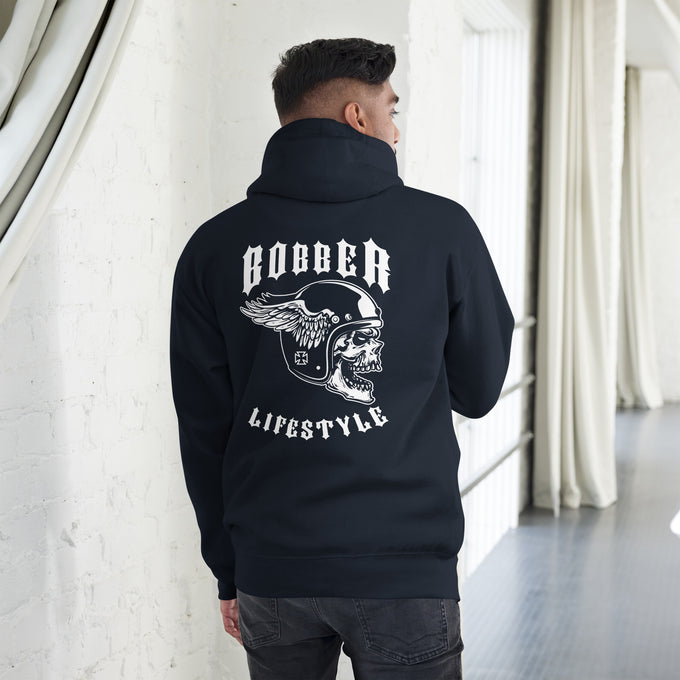 Biker - Premium Unisex Hoodie "Bobber LIFESTYLE" Variante 3 – Marineblau – Rückansicht