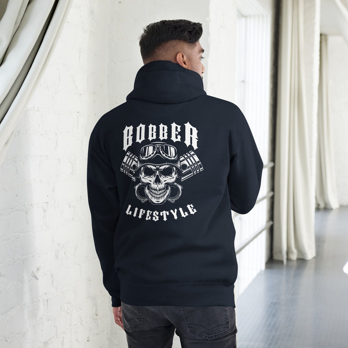 Biker - Premium Unisex Hoodie "Bobber LIFESTYLE" Variante 4 – Marineblau – Rückansicht