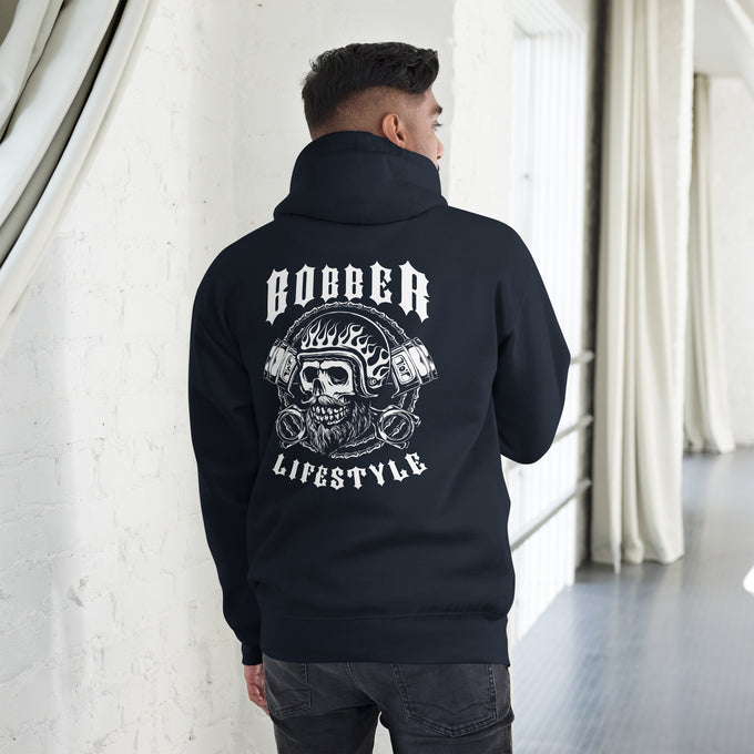 Biker - Premium Unisex Hoodie "Bobber LIFESTYLE" Variante 7 – Marineblau – Rückansicht