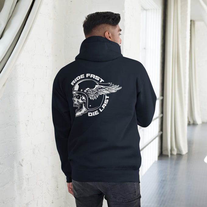 Biker - Premium Unisex Hoodie "RIDE FAST DIE LAST Skull with wings helmet " – Marineblau – Rückansicht