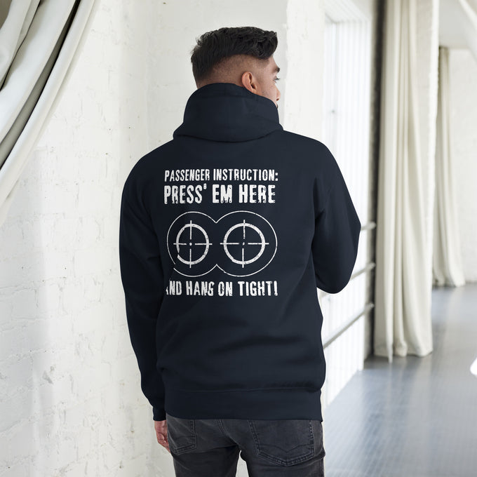 Biker - Premium Unisex Hoodie " Passenger Instruction Press Em Here And Hang On Tight " Variante 1 – Marineblau – Rückansicht