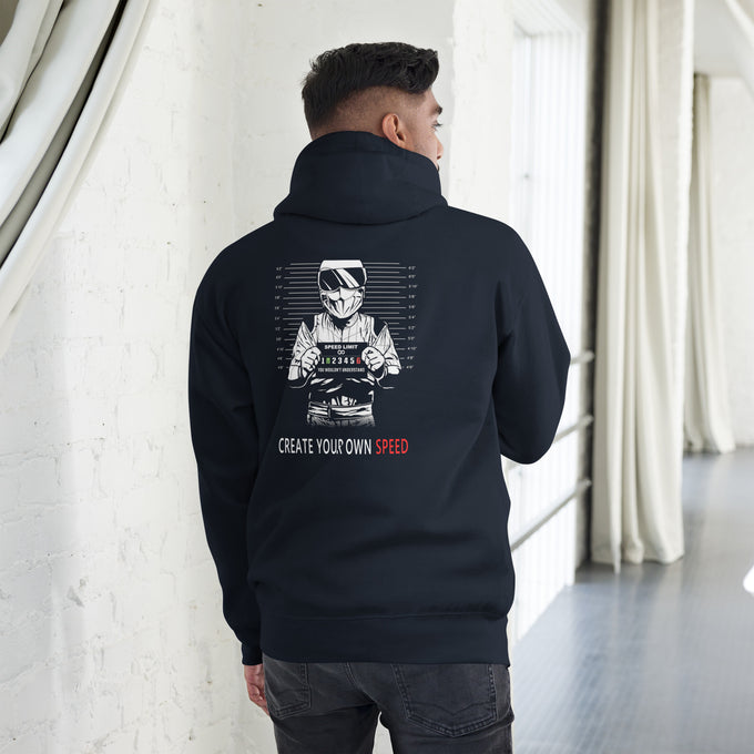 Biker - Premium Unisex Hoodie " Speed Limit Create Your Own Speed " Variante 1 – Marineblau – Rückansicht