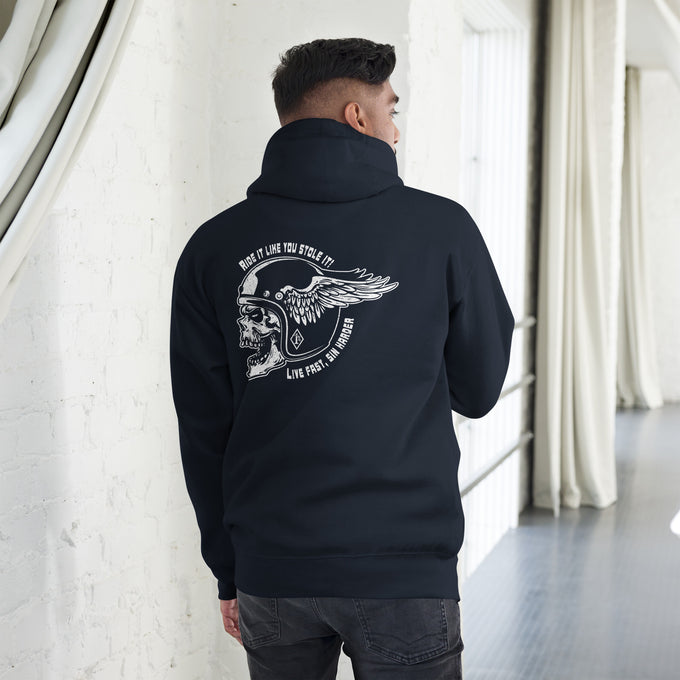 Biker - Premium Unisex Hoodie "Ride it like you stole it! Live fast, sin harder" Rückendruck Variante 1 – Marineblau – Rückansicht