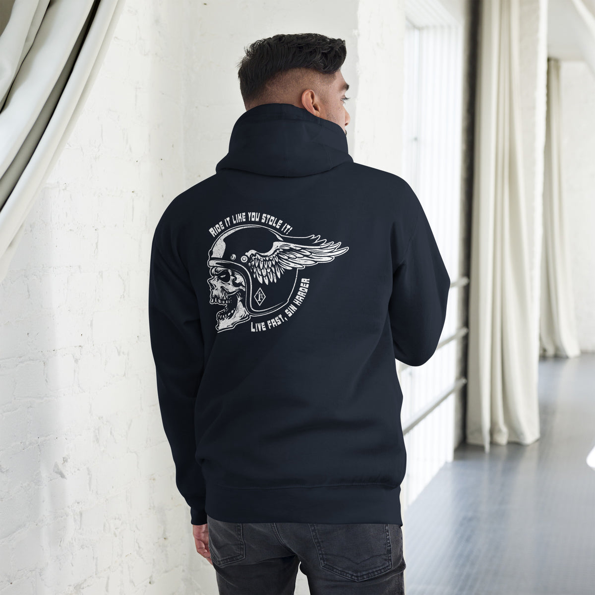 Biker - Premium Unisex Hoodie  "Ride it like you stole it! Live fast, sin harder" Rückendruck Variante 1