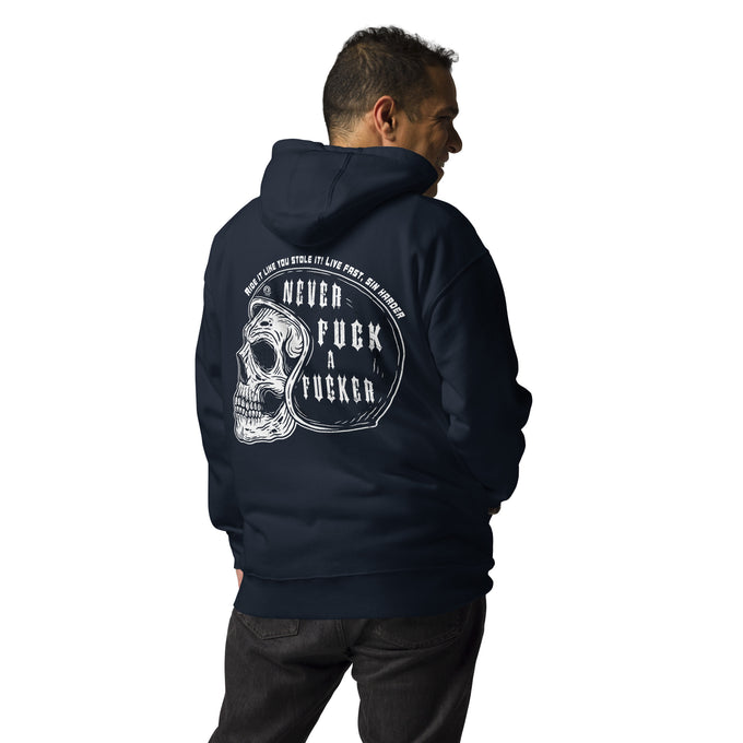 Biker - Premium Unisex Hoodie "Never Fck a Fcker" Variante 1 – Marineblau – Rückansicht