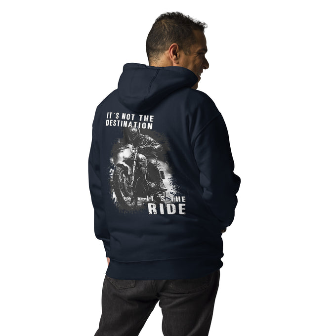 Biker - Premium Unisex Hoodie "Its the not the Destination, It's the Ride" Variante 2 – Marineblau – Rückansicht
