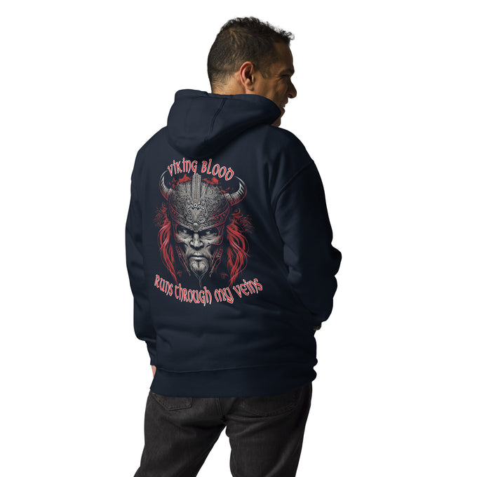 Wikinger T-Shirt und Hoodies Wikinger "Nordic Blood runs through my Veins" Variante 13 – Marineblau – Rückansicht