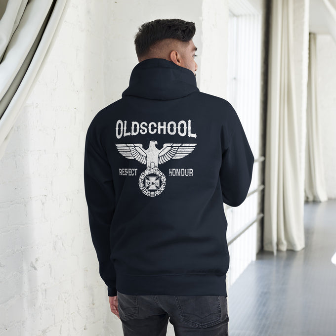 Biker - Premium Unisex Hoodie "Oldschool Backprint" Variante 6 – Marineblau – Rückansicht