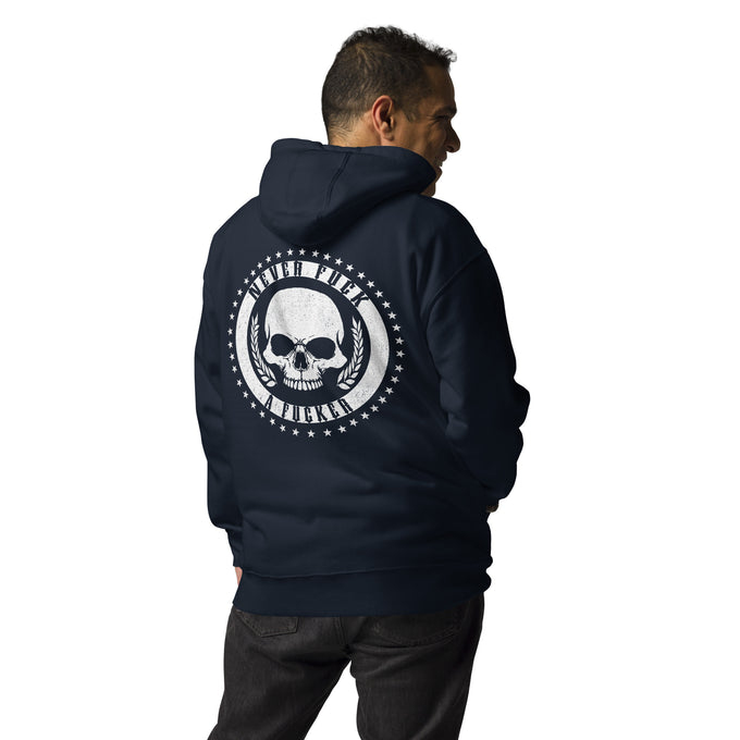 Biker - Premium Unisex Hoodie "Never Fck a Fcker" Variante 3 – Marineblau – Rückansicht