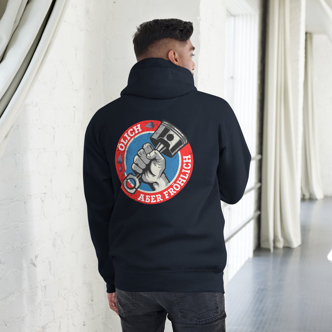 Biker - Premium Unisex Hoodie " Ölich aber fröhlich" variante 2 – Marineblau – Rückansicht