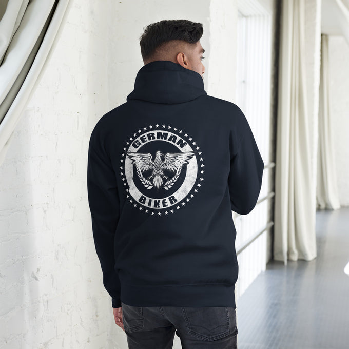 Biker - Premium Unisex Hoodie " German Biker" variante 1 – Marineblau – Rückansicht