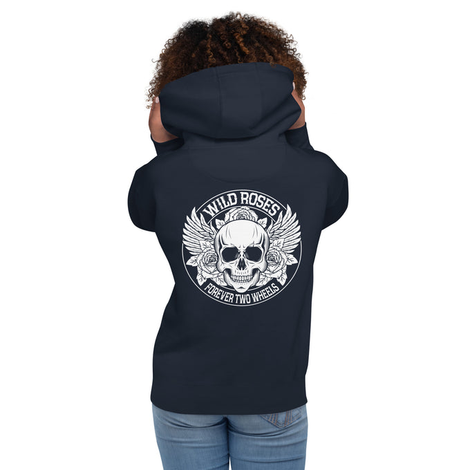 Biker - Premium Unisex Hoodie " Wild Roses Forever Two Wheels " Damen – Marineblau – Rückansicht
