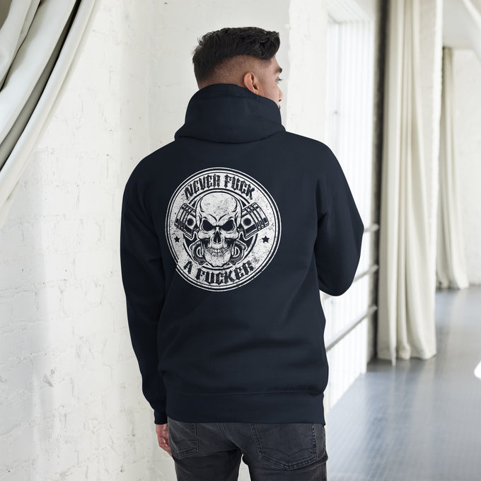 Biker - Premium Unisex Hoodie " Never Fck a Fcker" Variante4 – Marineblau – Rückansicht