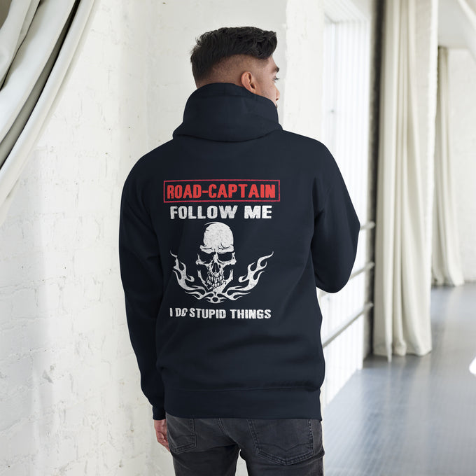 Biker - Premium Unisex Hoodie " Don't Follow Me I Do Stupid Things" Variante 1 – Marineblau – Rückansicht