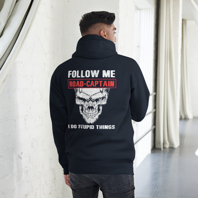Biker - Premium Unisex Hoodie " Don't Follow Me I Do Stupid Things" Variante 2 – Marineblau – Rückansicht